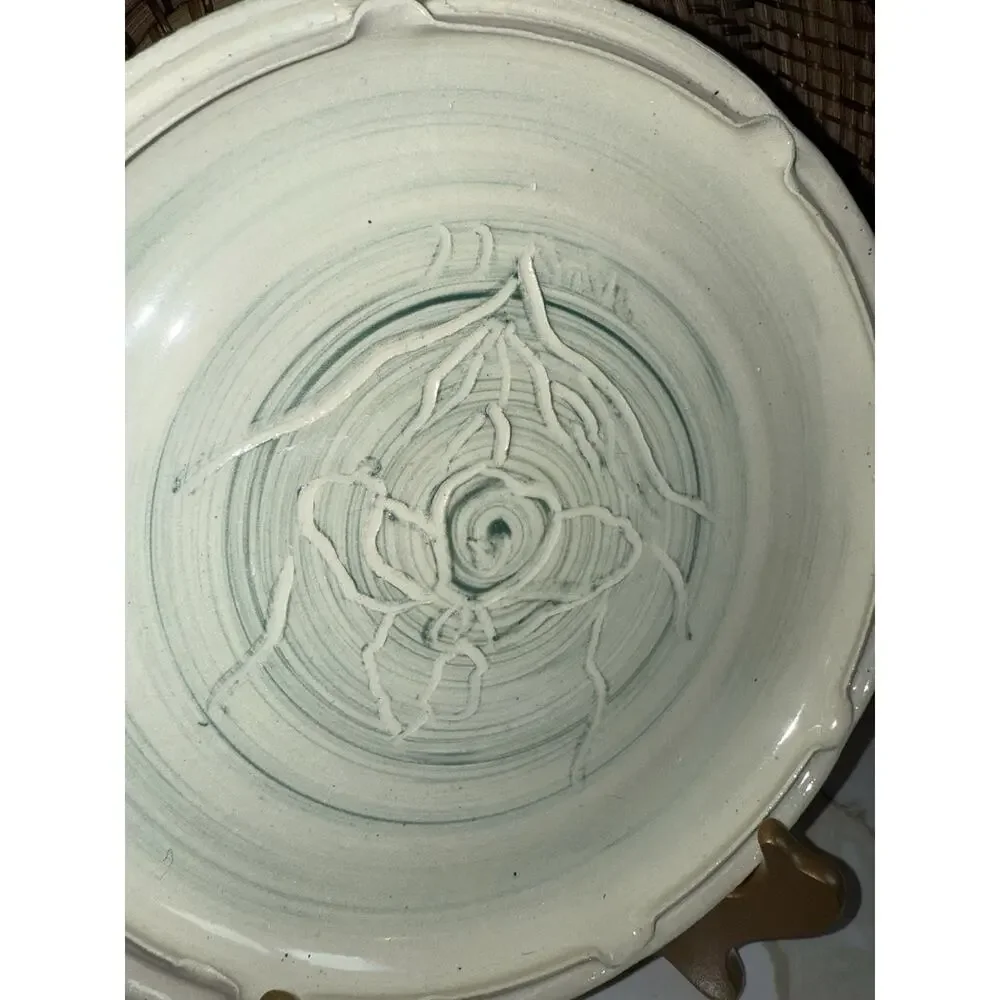 Studio Art Pottery Ceramic Turquoise Green Glazed Plate Impressed 9.5 Inches